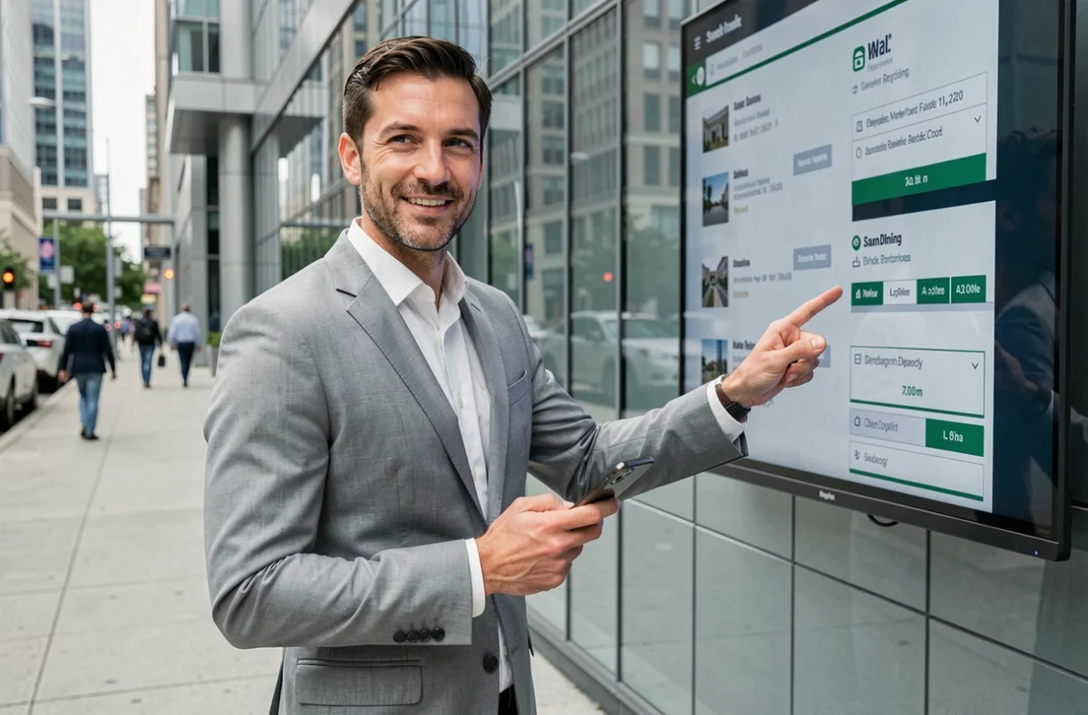 Agent immobilier professionnel présentant des annonces immobilières en ligne sur un écran numérique en milieu urbain