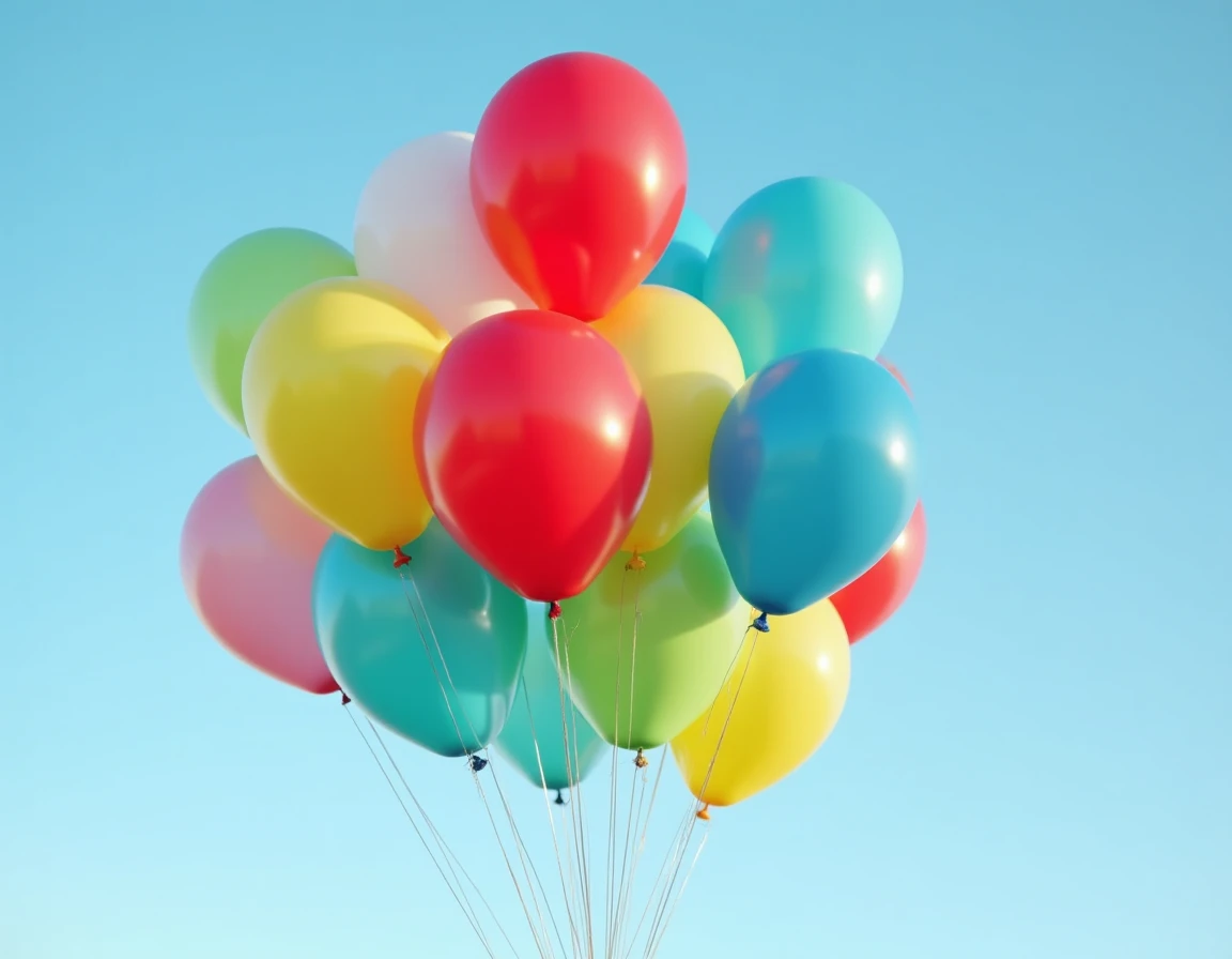 Un bouquet de ballons colorés qui s'envolent en plein ciel capturés en plein mouvement
