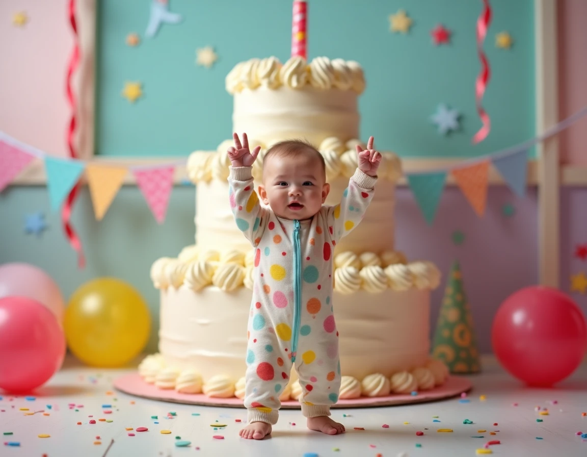 Un bébé qui danse avec enthousiasme devant un immense gâteau d'anniversaire presque aussi grand que lui