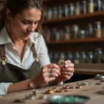 Artisane bijoutière examinant une bague faite main en or et pierres précieuses dans son atelier