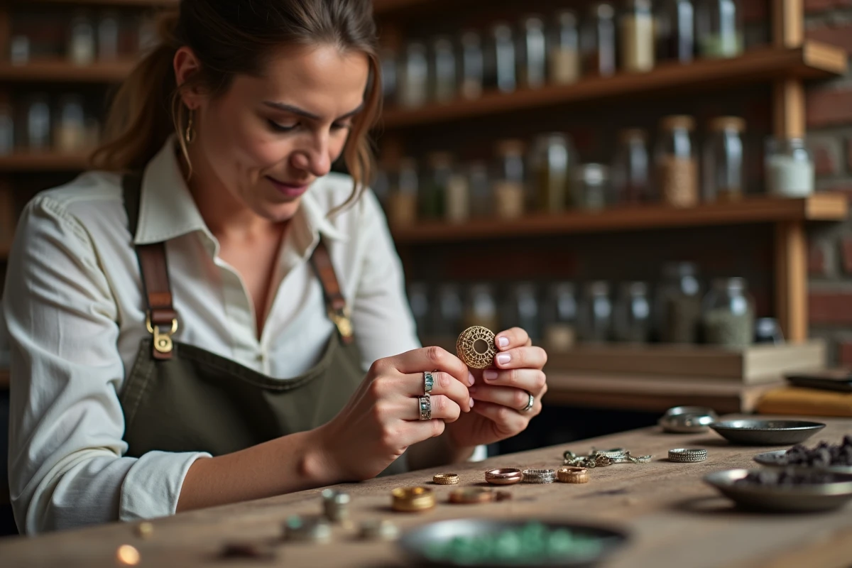 Artisane bijoutière examinant une bague faite main en or et pierres précieuses dans son atelier