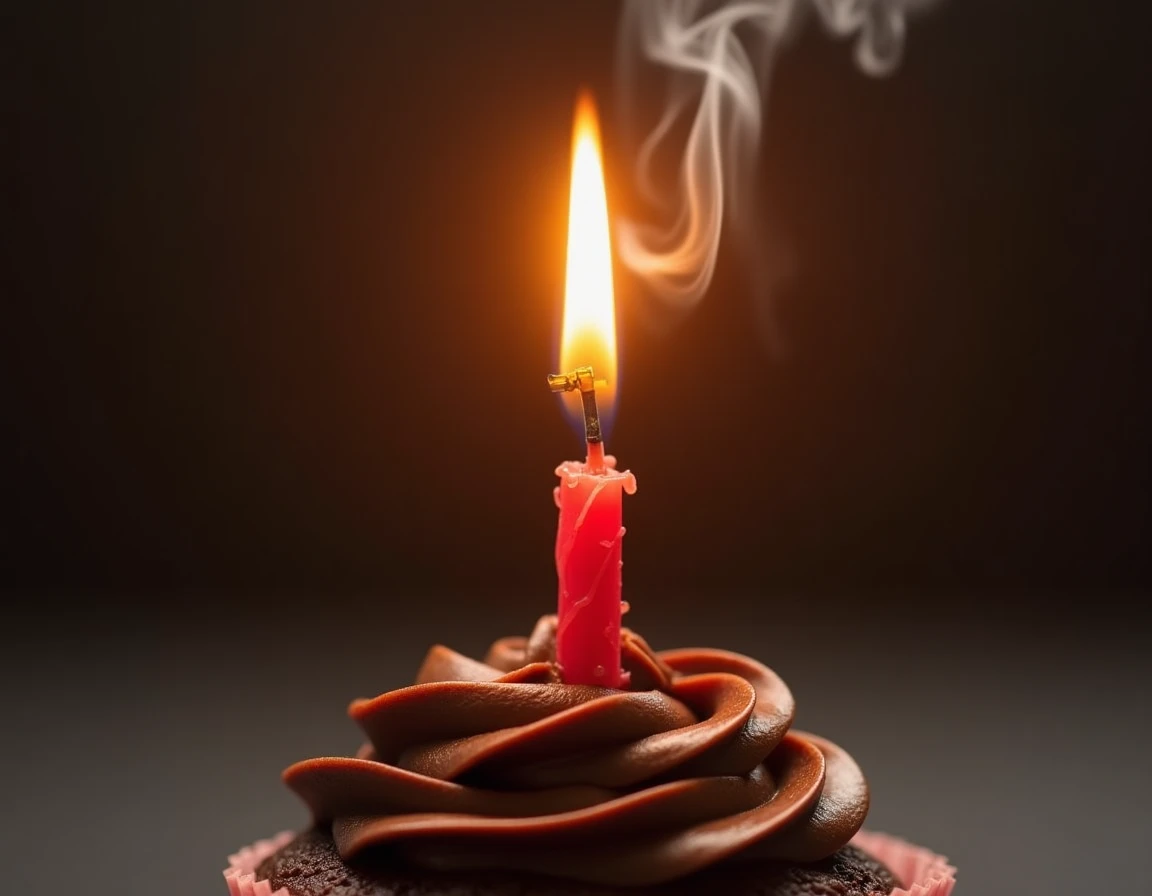 Une bougie d'anniversaire qui refuse de s'éteindre avec une flamme persistante sur un cupcake