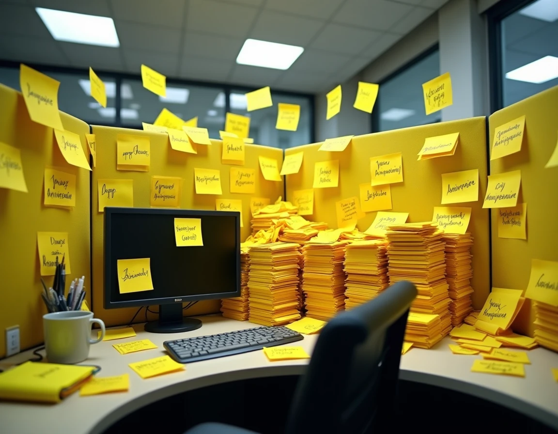 Un bureau de collègue entièrement recouvert de post-it jaunes avec 'Joyeux Anniversaire' écrits à la main