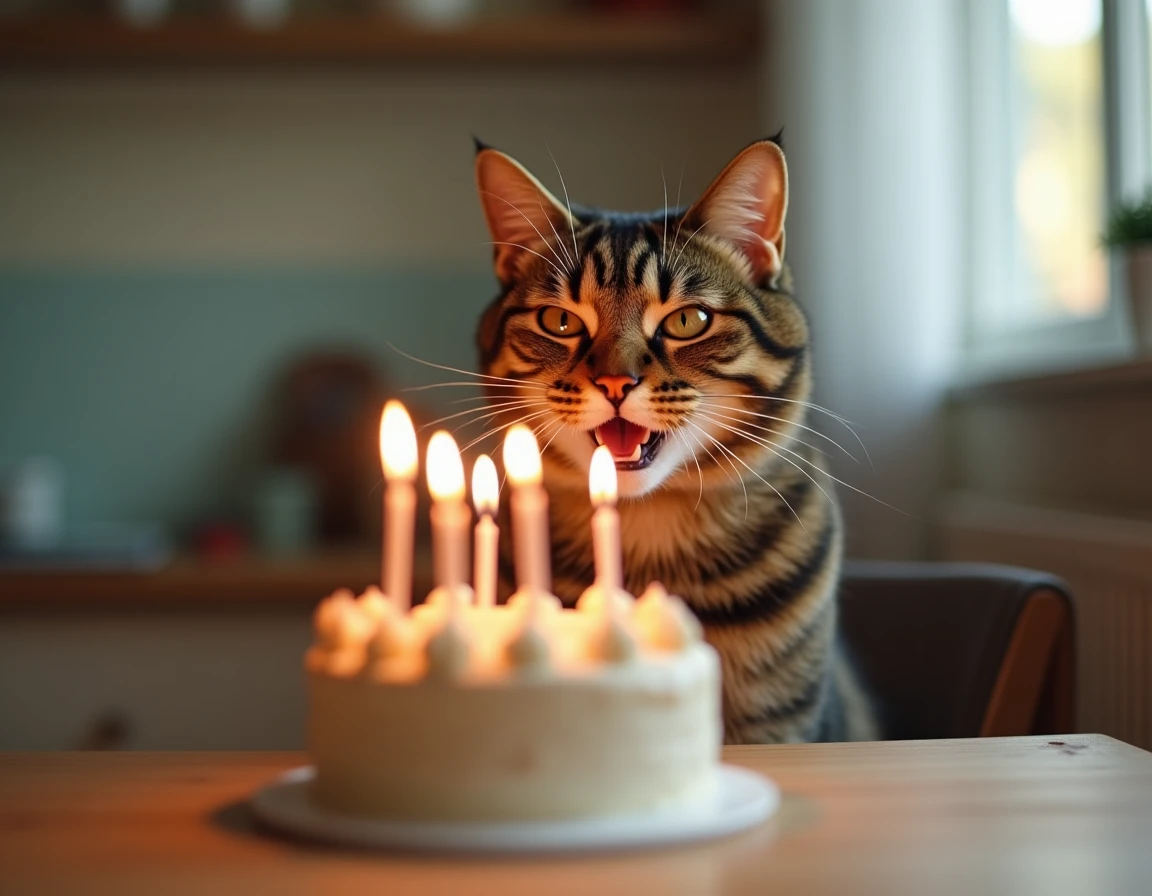 Un chat adulte qui tente de souffler les bougies d'un gâteau d'anniversaire et rate complètement sa cible