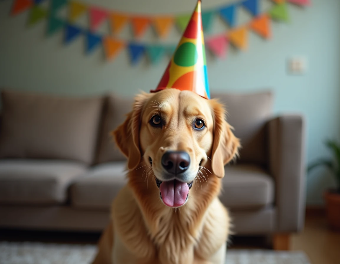 Un chien coiffé d'un chapeau pointu d'anniversaire qui fixe l'objectif avec une expression neutre et comique