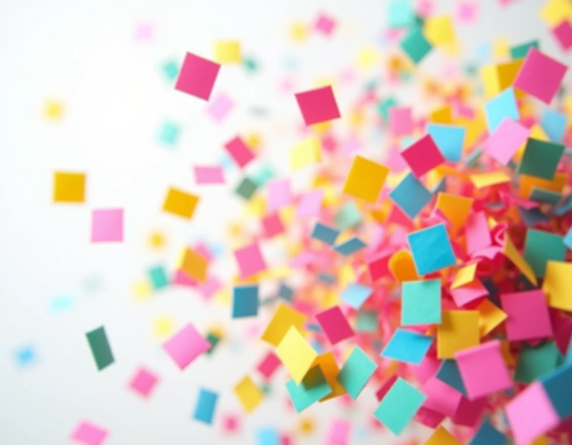 Une explosion de confettis multicolores figée dans le temps façon pop art sur fond blanc