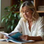 Femme consultant le catalogue vacances CCUES SG 2026 à son bureau à domicile