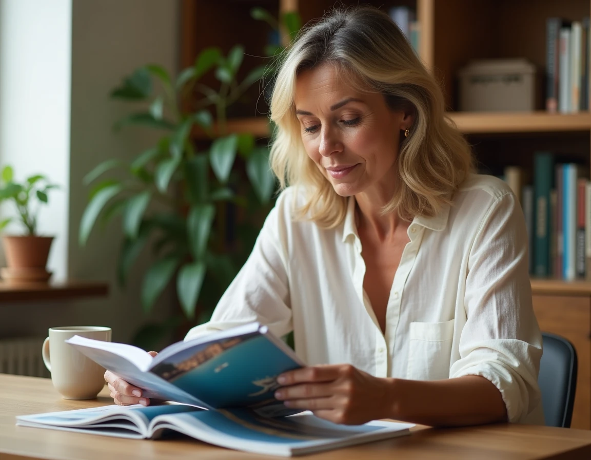 Femme consultant le catalogue vacances CCUES SG 2026 à son bureau à domicile