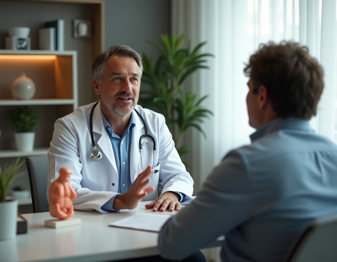 Médecin urologue expliquant la santé prostatique à un patient en consultation médicale