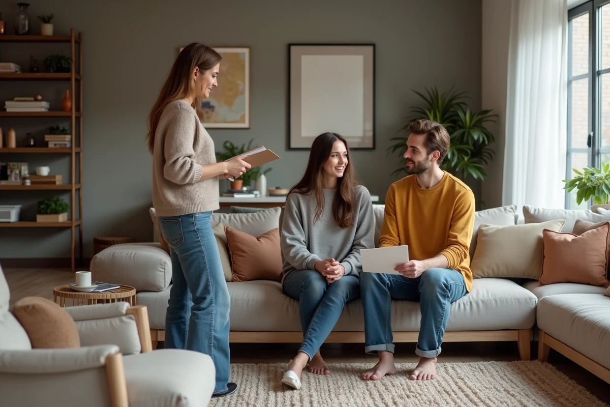 Jeune couple écoute une décoratrice d