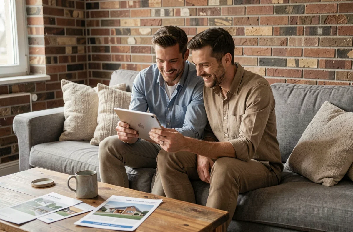 Couple recherchant une agence immobilière en ligne sur une tablette dans leur salon pour un projet d'achat immobilier