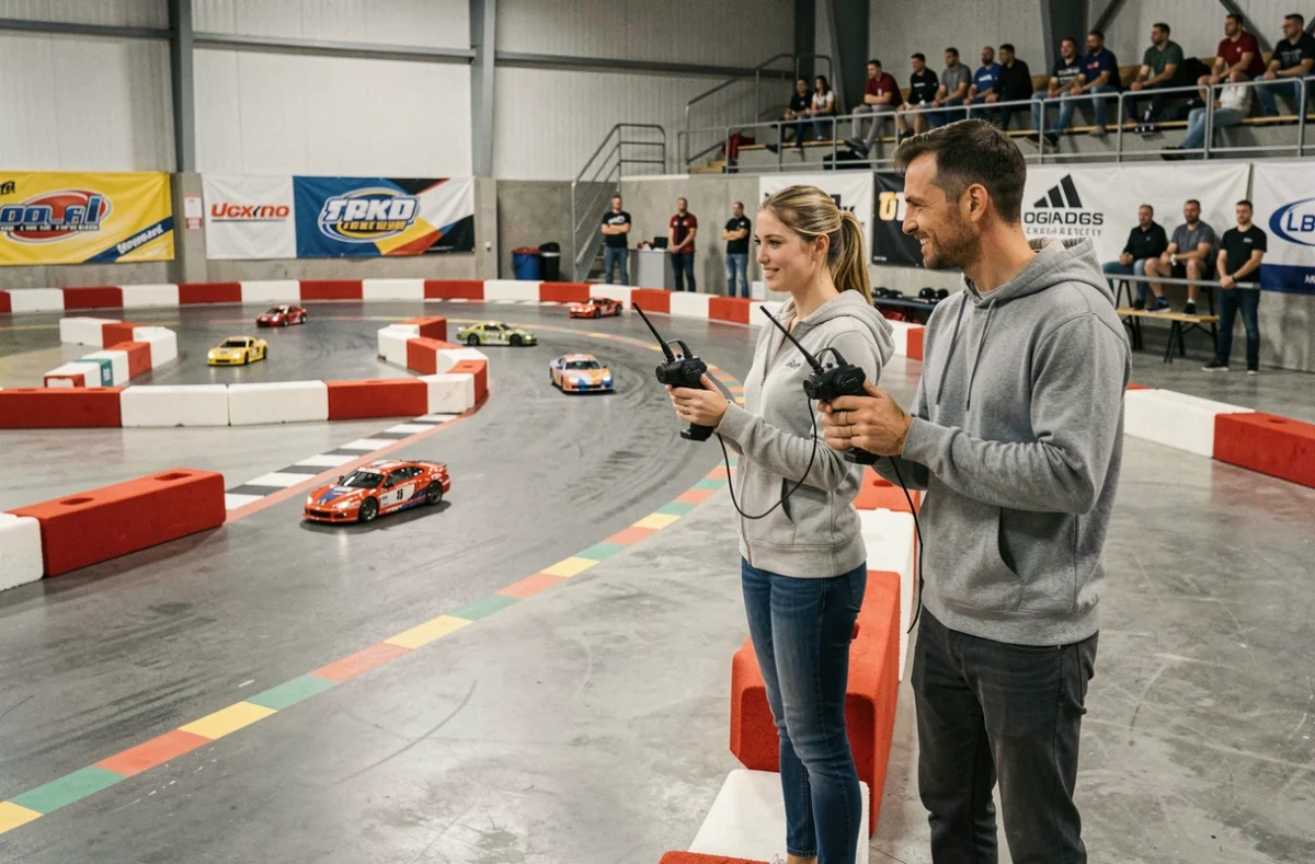 Deux passionnés de courses radiocommandées tenant des télécommandes devant un circuit intérieur RC