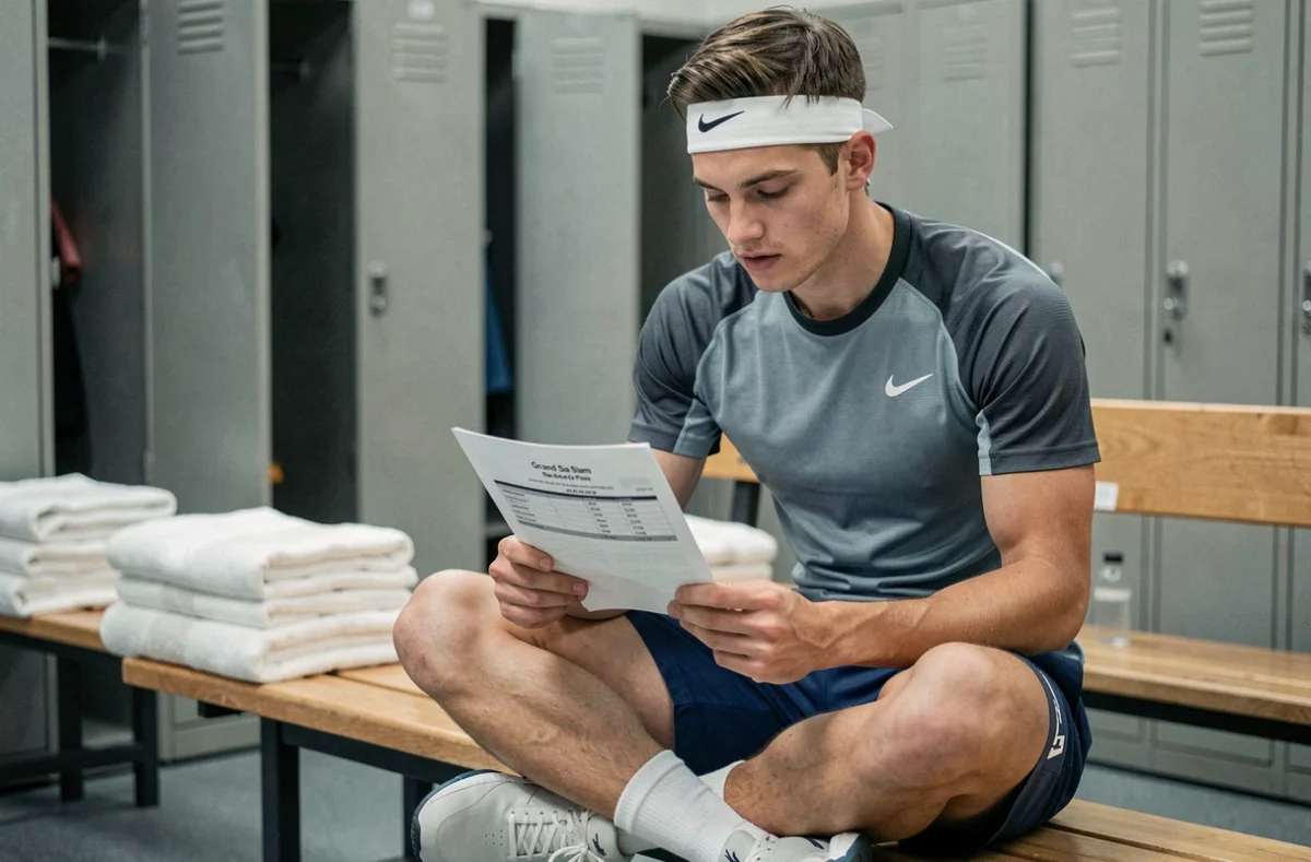 Jeune joueur de tennis analysant les frais d'inscription au Grand Chelem dans un vestiaire de tournoi