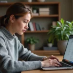 Femme concentrée en train de créer une cagnotte en ligne sur son ordinateur portable dans un bureau à domicile