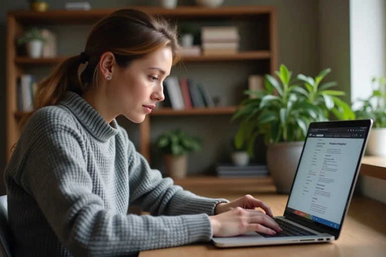 Femme concentrée en train de créer une cagnotte en ligne sur son ordinateur portable dans un bureau à domicile