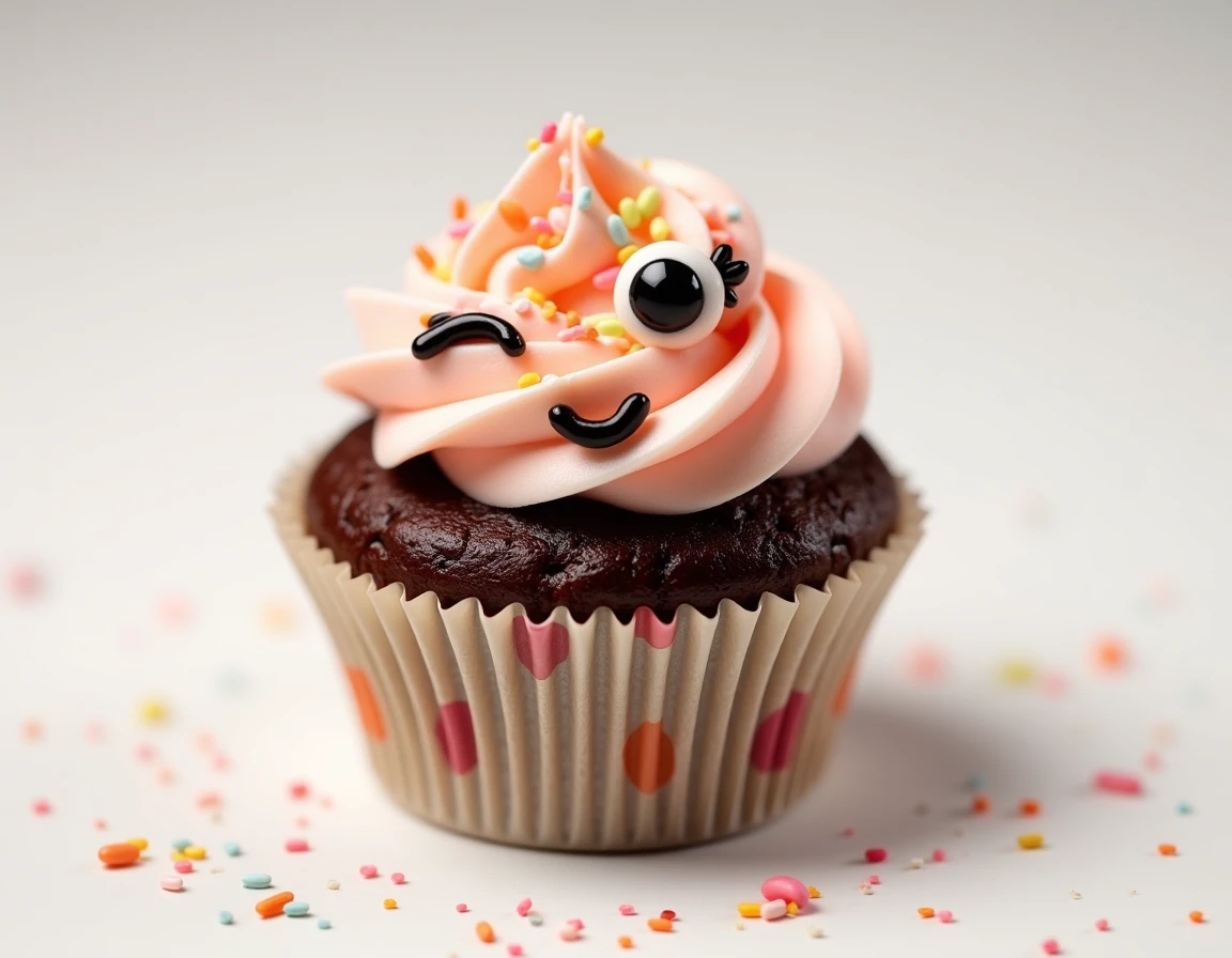 Un cupcake au chocolat avec un visage en fondant qui fait un clin d'œil comique et expressif