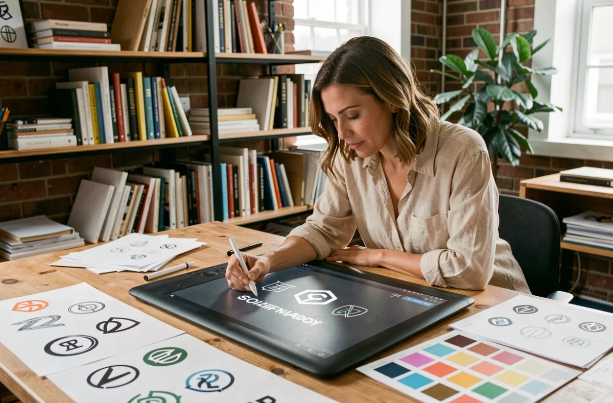 Designer graphique travaillant sur des concepts de logo professionnel avec tablette et croquis dans un studio créatif moderne