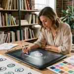 Designer graphique travaillant sur des concepts de logo professionnel avec tablette et croquis dans un studio créatif moderne