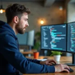 Développeur informatique travaillant sur une intégration API devant deux écrans affichant du code JSON dans un bureau moderne