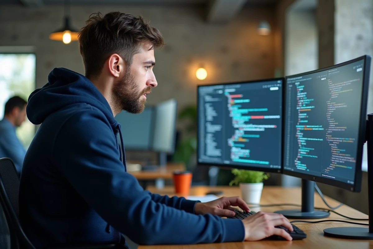 Développeur informatique travaillant sur une intégration API devant deux écrans affichant du code JSON dans un bureau moderne