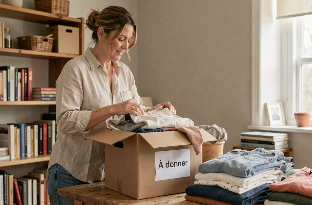 Femme déposant des vêtements pliés dans une boîte de dons étiquetée À donner dans un intérieur chaleureux et naturel