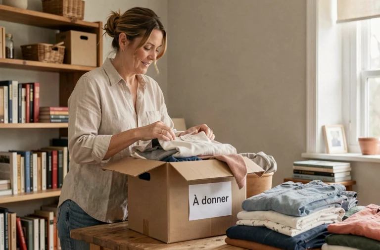 Femme déposant des vêtements pliés dans une boîte de dons étiquetée À donner dans un intérieur chaleureux et naturel