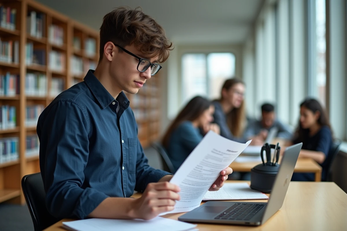 Étudiant consultant ses documents de candidature universitaire dans une bibliothèque avec un portail d'admission ouvert sur son ordinateur