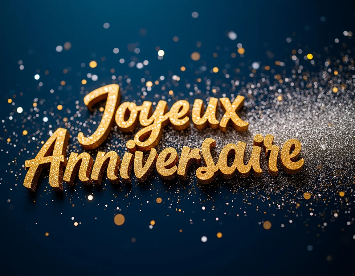 Une explosion de paillettes dorées avec le texte 'Joyeux Anniversaire' brillant sur fond bleu nuit