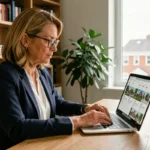 Femme professionnelle comparant des agences immobilières en ligne sur son ordinateur portable dans un bureau moderne