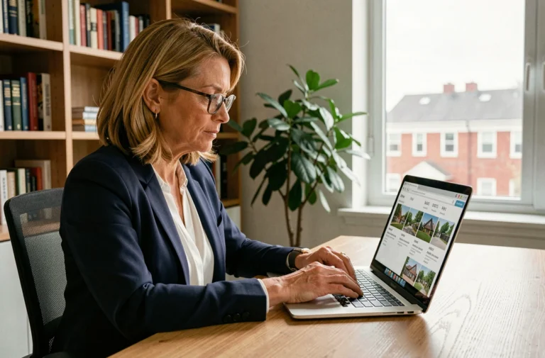 Femme professionnelle comparant des agences immobilières en ligne sur son ordinateur portable dans un bureau moderne