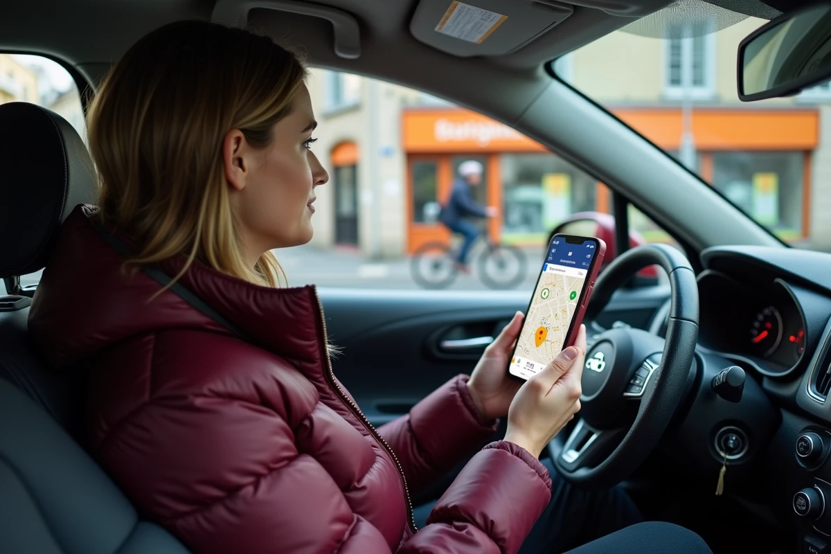 Une femme dans sa voiture garée à Rennes consulte une application mobile pour trouver un stationnement gratuit