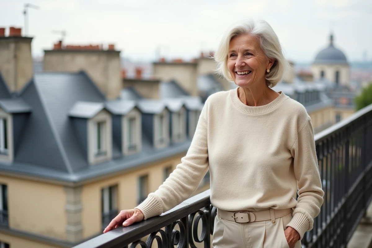 Femme française sur un balcon avec vue sur Paris