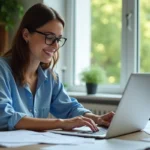 Femme au bureau à domicile souriante en entrant des données