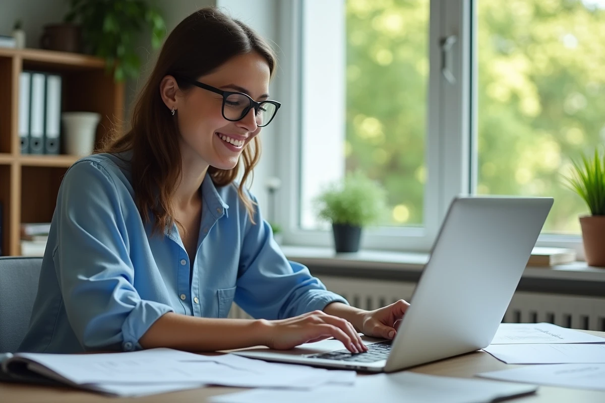Femme au bureau à domicile souriante en entrant des données