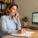 Femme au bureau téléphonant aux impôts pour poser des questions fiscales