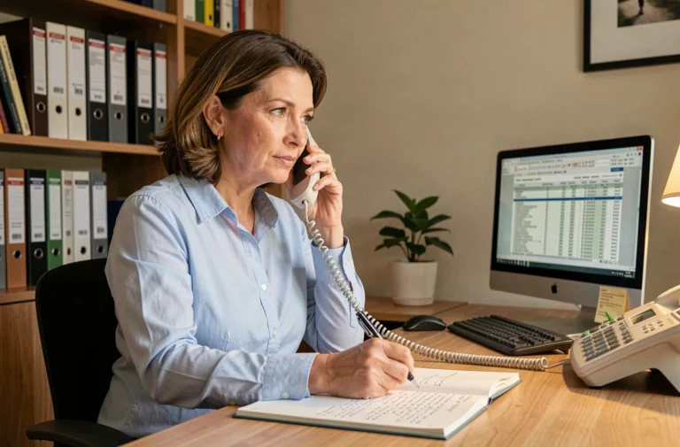 Femme au bureau téléphonant aux impôts pour poser des questions fiscales