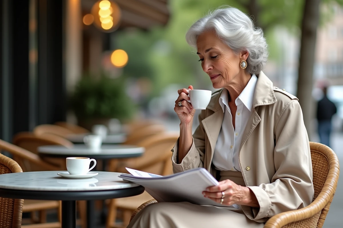 Femme sophistiquée lisant un magazine au café
