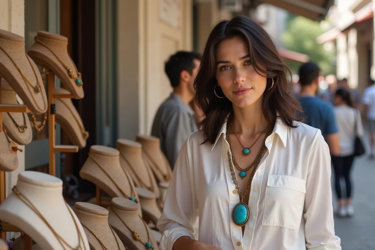 Femme portant un collier artisanal unique en laiton et turquoise dans un marché de créateurs