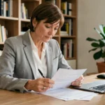 Femme consultant les documents de sa franchise auto tous risques Macif à son bureau