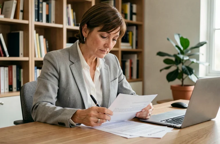 Femme consultant les documents de sa franchise auto tous risques Macif à son bureau