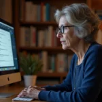Femme d'âge mûr consultant sa boîte de réception email sur un ordinateur de bureau dans un bureau à domicile