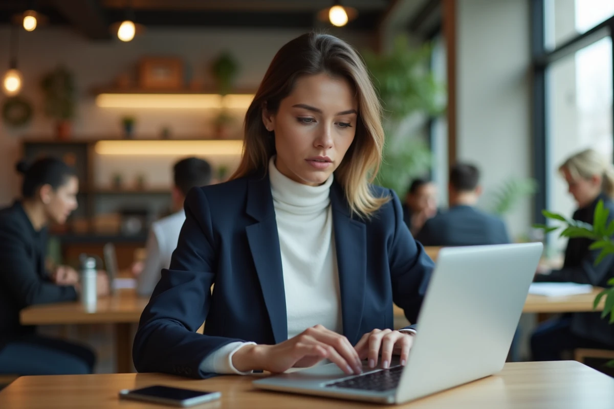Femme stylée travaillant dans un café coworking avec son ordinateur portable