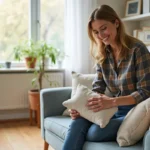Femme arrangeant des coussins dans un salon cosy