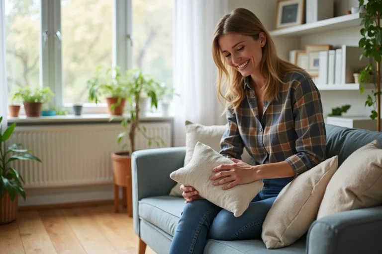 Femme arrangeant des coussins dans un salon cosy