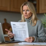 Femme consultant une facture EDF à la maison après résiliation de contrat par erreur