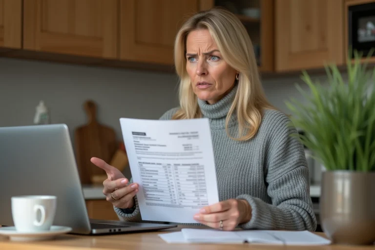Femme consultant une facture EDF à la maison après résiliation de contrat par erreur