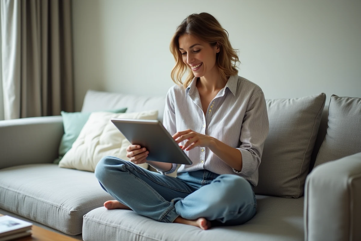 Femme d'âge moyen consultant sa messagerie Wanadoo sur une tablette dans un salon contemporain