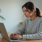 Femme organisant ses favoris enregistrés sur un ordinateur portable dans un bureau à domicile