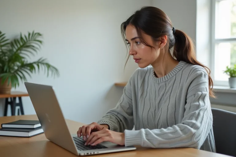 Femme organisant ses favoris enregistrés sur un ordinateur portable dans un bureau à domicile