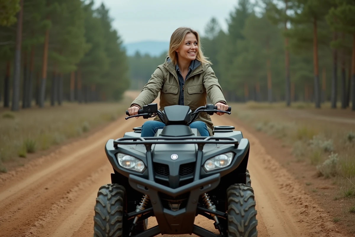 Femme sur un quad dans la nature forestiere